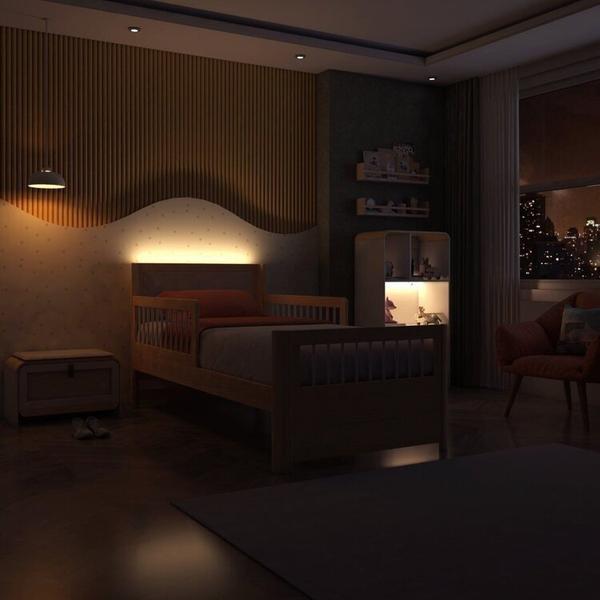 Imagem de Cama Solteiro Wave Montessoriana Led com Rattan, Grade de Proteção e Peseira Palito Casatema