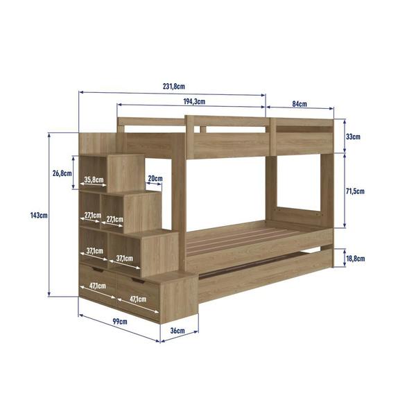 Imagem de Cama Treliche Infantil Bicama Menino Menina 2,32m com Escada, Nichos e Gavetas Aveiro Oak