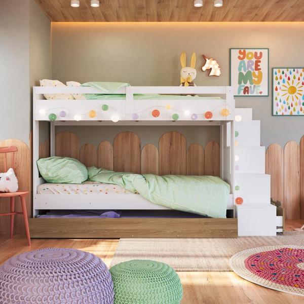 Imagem de Cama Treliche Infantil Bicama Menino Menina 2,32m com Escada, Nichos e Gavetas Branco com Aveiro