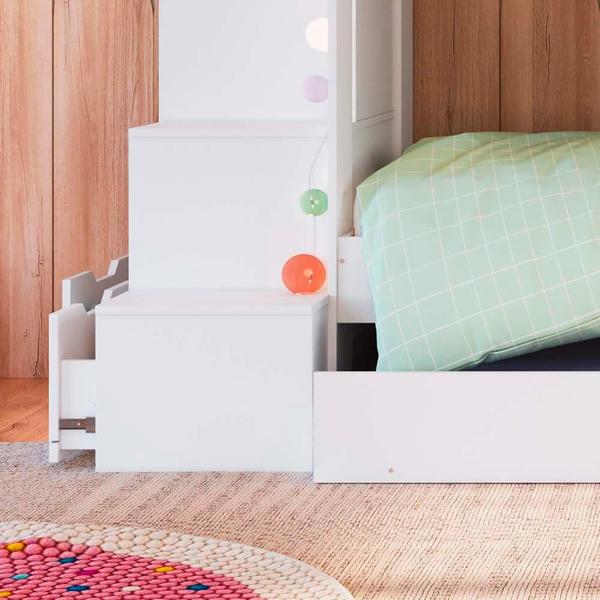 Imagem de Cama Treliche Infantil Solteiro Com Cama Auxiliar E Escada Branco Redford Shop Jm