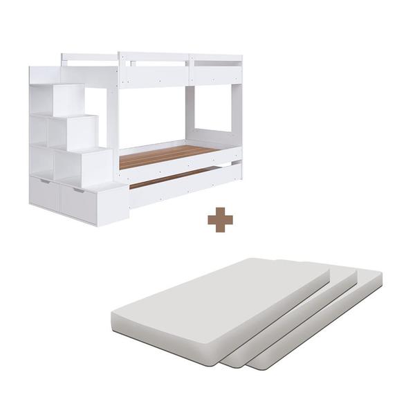 Imagem de Cama Treliche Solteiro Branca com 03 Colchões e Escada - Redford Shop JM