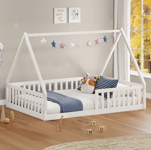 Imagem de Cama Viúva Infantil Montessori Branco Madeira Casa com Estrado Stella