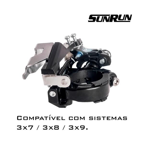 Imagem de Cambio Dianteiro Sunrun 27v Dual Pull 3x9 3x8 3x7 Index Prata 3v Para Pedivela 3 Coroas Até 44 Dentes 31.8/34.9 Bike Mtb