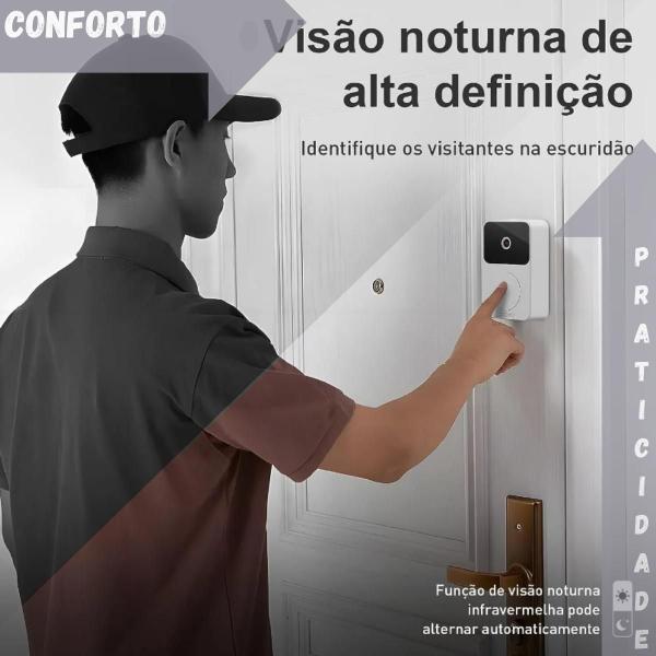 Imagem de Camera campainha de vídeo sem fio com câmera bateria recarregável cor preto e branco