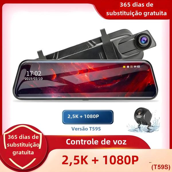 Imagem de Câmera Dash Cam DVR para Carro com Tela de 10 Polegadas - Resolução 2.5K + 1080p - Espelho Retrovisor