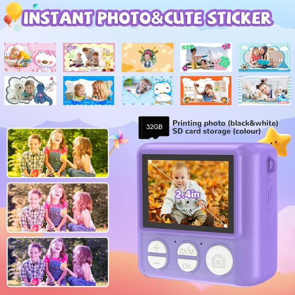 Imagem de Câmera de impressão instantânea JPVERLY Kids HD Video 32GB SD Purple