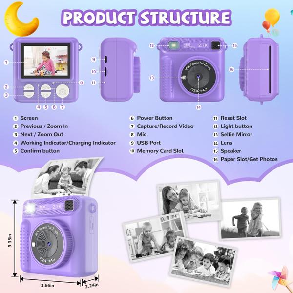 Imagem de Câmera de impressão instantânea JPVERLY Kids HD Video 32GB SD Purple