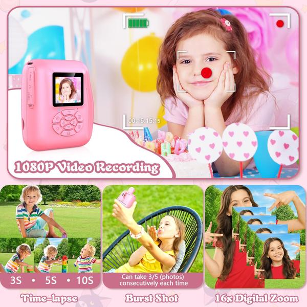 Imagem de Câmera de impressão instantânea Luoba Kids 12MP 1080P com cartão de 32GB rosa