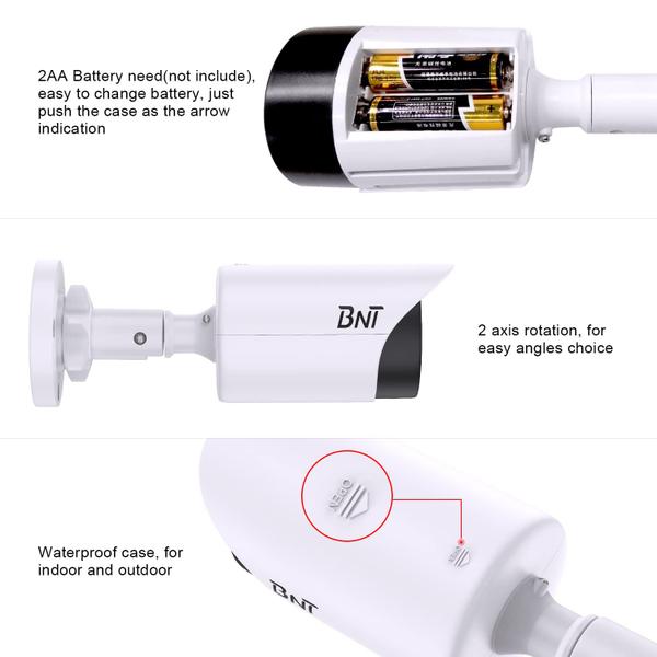 Imagem de Câmera de segurança falsa BNT Dummy com luz LED vermelha, pacote com 4 unidades brancas