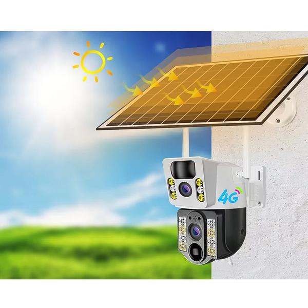 Imagem de Câmera de Segurança IP Externa Com Paínel Solar, 8MP Full HD, 2.4GHz Wi-Fi, Lente Dupla, Detector de Movimento