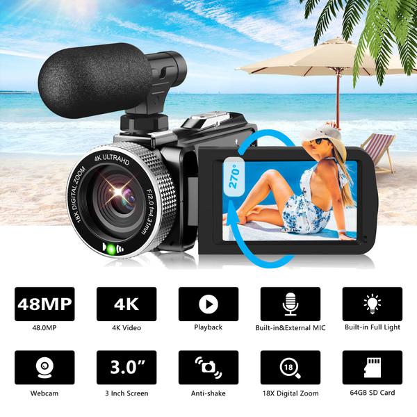 Imagem de Câmera de vídeo Camcorder Weochi 4K 48MP 60FPS com microfone 64GB SD