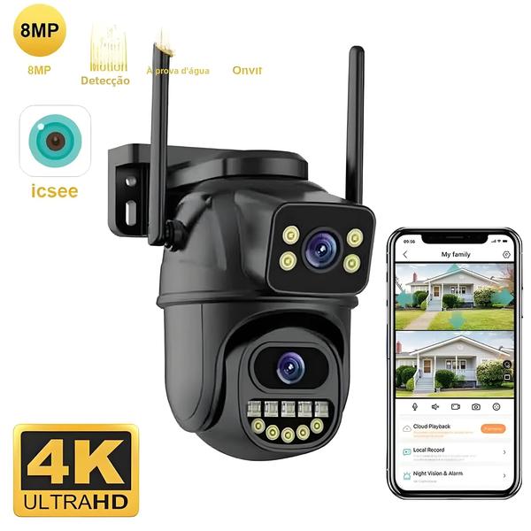 Câmera de Vigilância WiFi 4K 8MP - Lente Dupla com Zoom 4X, AI, Detecção Humana e PTZ Imagem de Câmera de Vigilância WiFi 4K 8MP - Lente Dupla com Zoom 4X, AI, Detecção Humana e PTZ