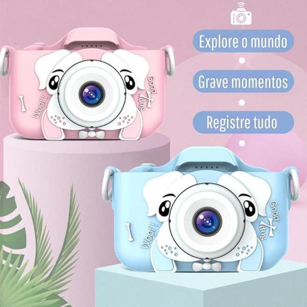 Imagem de Camera Digital Azul Infantil Mini Efeitos Fotos Voz Recarregável Com Capa Proteção Cachorro Jogos