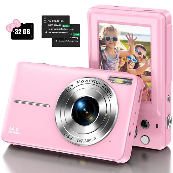 Imagem de Câmera digital IWEUKJLO Kids 44MP FHD 1080P 16X Zoom rosa