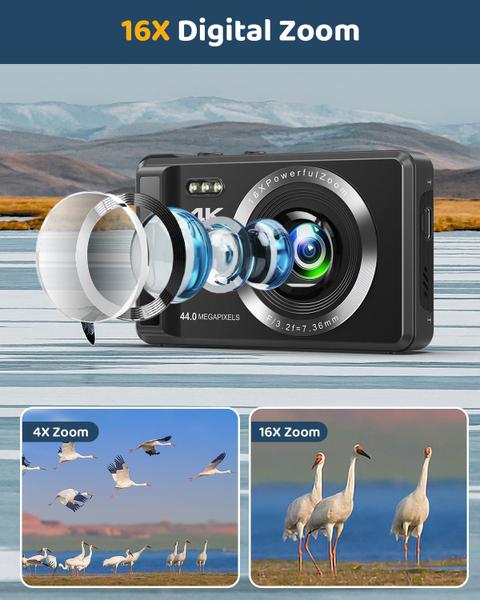 Câmera digital Ruwaqart 4K UHD 44MP com cartão SD de 32GB e 2 baterias Imagem de Câmera digital Ruwaqart 4K UHD 44MP com cartão SD de 32GB e 2 baterias