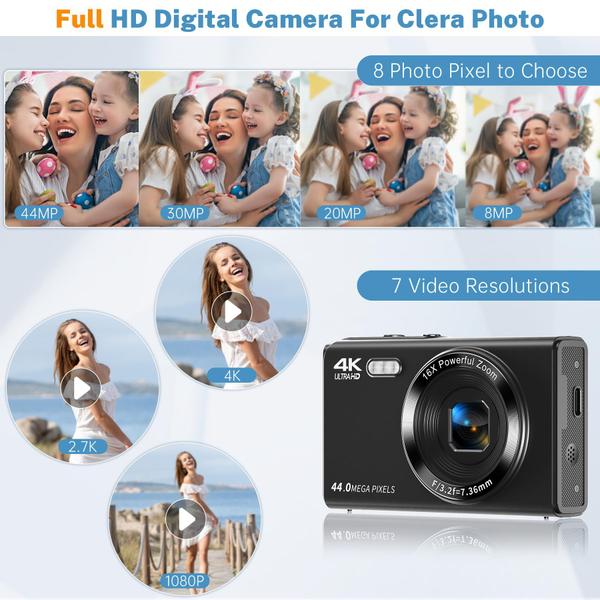 Imagem de Câmera digital Saneen FHD Kids 4K 44MP com cartão SD Flash de 32GB