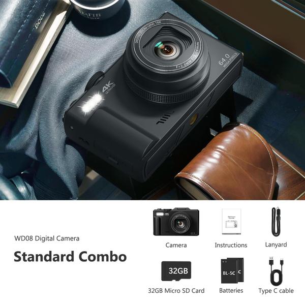 Câmera digital VIANGER 4K 64MP com tela flip de 3 polegadas com