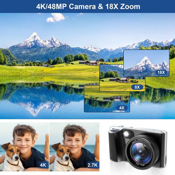 Imagem de Câmera digital Weochi 4K 48MP com Flash 18x Zoom 32GB Cartão SD