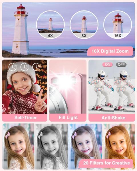 Imagem de Câmera digital YAXTIFIU 44MP FHD 1080P para crianças com 32GB rosa