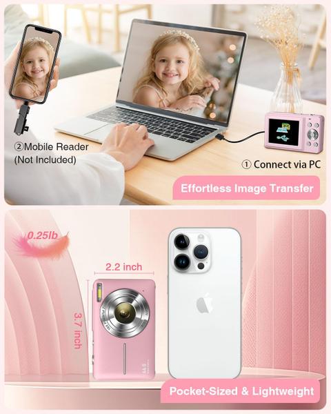 Imagem de Câmera digital YAXTIFIU 44MP FHD 1080P para crianças com 32GB rosa