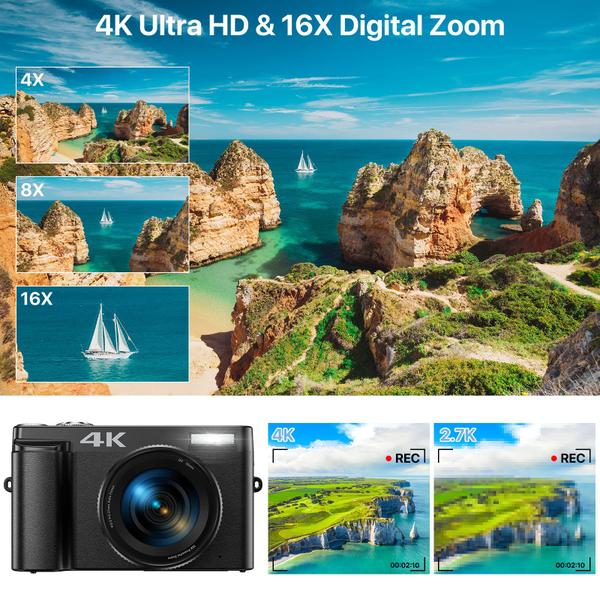 Imagem de Câmera digital zheozeig 4K 48MP com cartão SD de 32GB, 2 baterias