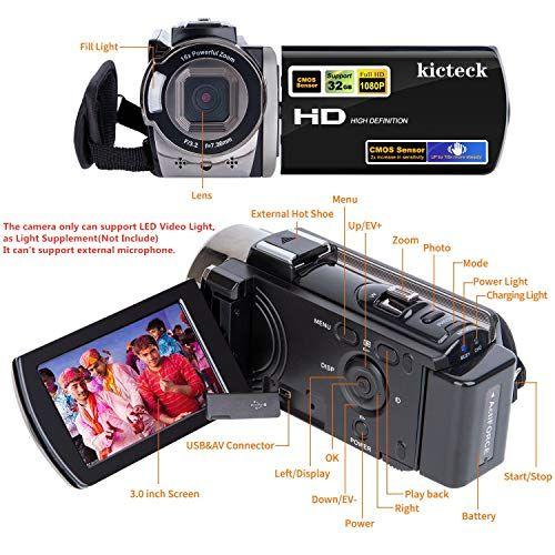 Imagem de Câmera Filmadora Kicteck Full HD 1080P 24MP 16X Zoom com LCD 3.0, Rotação 270 e 2 Baterias