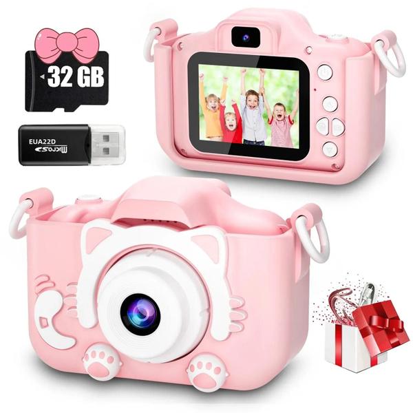 Imagem de Câmera Infantil HD Dupla com Cartão 32GB - Capa de Silicone com Design de Gato