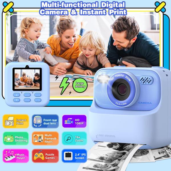 Câmera infantil masterbee Instant Print Photo 1080P HD Video Blue Imagem de Câmera infantil masterbee Instant Print Photo 1080P HD Video Blue