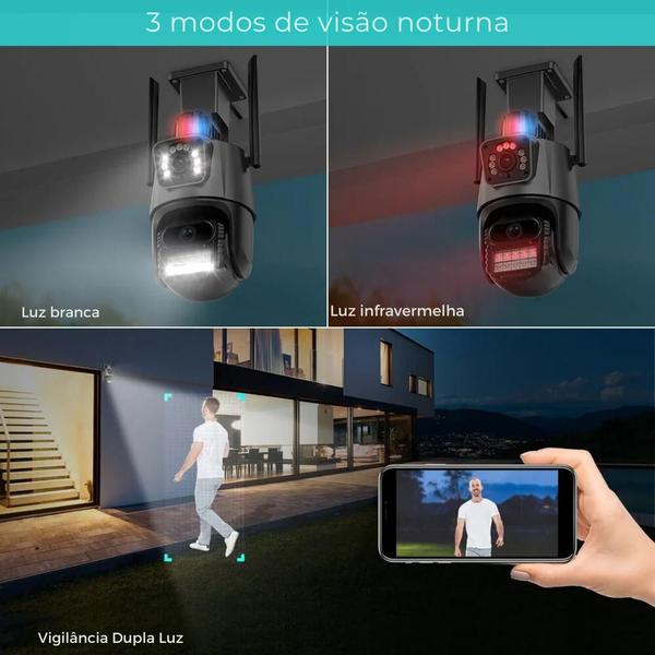 Imagem de Câmera IP de segurança externa sem fio, WiFi Smart 3 lentes, zoom 8X, rastreamento automático, CCTV, Visão noturna automático, sensor 360, 6K, 12MP