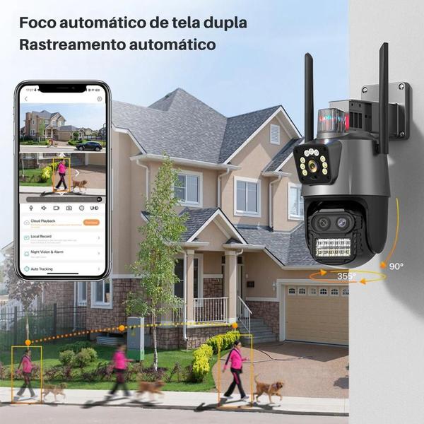 Imagem de Câmera IP de segurança externa sem fio, WiFi Smart 3 lentes, zoom 8X, rastreamento automático, CCTV, Visão noturna automático, sensor 360, 6K, 12MP