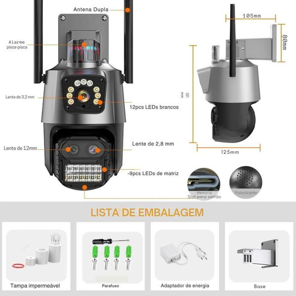 Imagem de Câmera IP de segurança externa sem fio, WiFi Smart 3 lentes, zoom 8X, rastreamento automático, CCTV, Visão noturna automático, sensor 360, 6K, 12MP