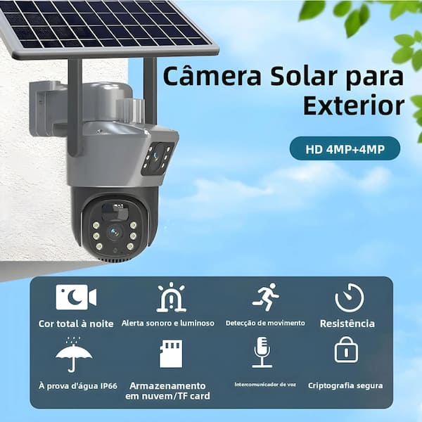 Câmera IP Externa Solar 4K 8MP WiFi Com Lente Dupla PTZ Sem Fio