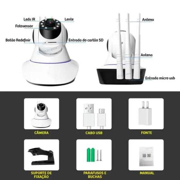 Imagem de câmera iP robô 3 antenas wifi visão noturna full HD 360º microfone áudio babá eletrônica robozinho sem fio