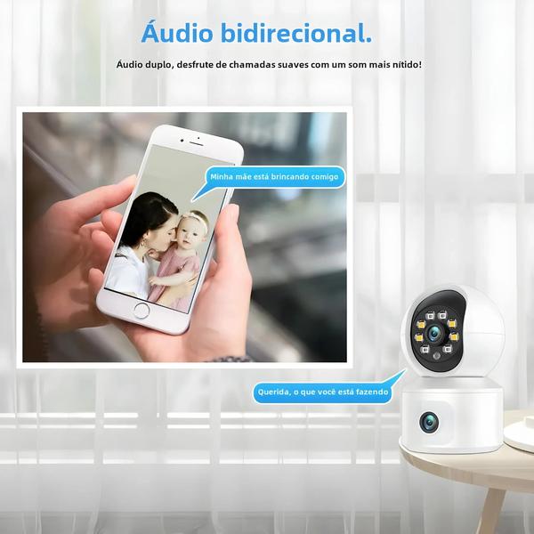 Câmera IP WiFi 6MP com Lente Dupla e Tela Dupla - Monitor de Bebê PTZ com Rastreamento Automático Imagem de Câmera IP WiFi 6MP com Lente Dupla e Tela Dupla - Monitor de Bebê PTZ com Rastreamento Automático