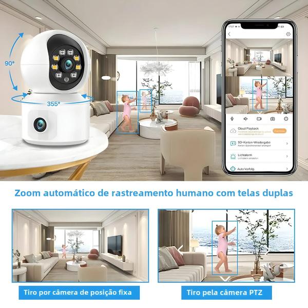 Câmera IP WiFi 6MP com Lente Dupla e Tela Dupla - Monitor de Bebê PTZ com Rastreamento Automático Imagem de Câmera IP WiFi 6MP com Lente Dupla e Tela Dupla - Monitor de Bebê PTZ com Rastreamento Automático