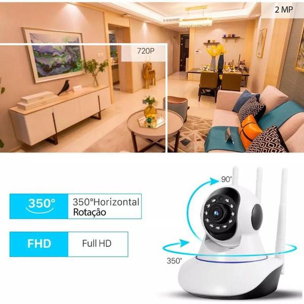 Imagem de Camera Segurança Ip robô Interna full HD 360º Visão Noturna microfone áudio alarme babá eletrônica 3 Antenas Wifi Áudio