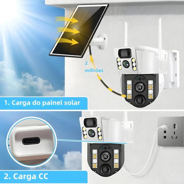 Imagem de Câmera Solar 4K 4G WiFi IP PTZ - 8MP HD, Lente Dupla, Visão Noturna e Detecção Humana