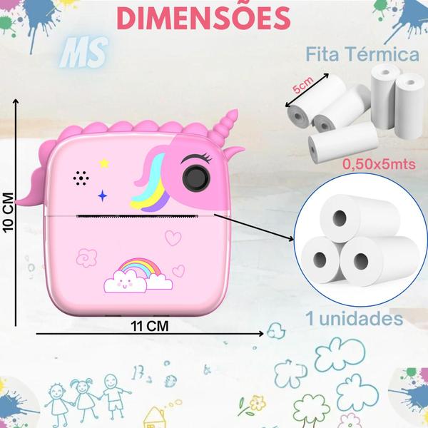 Imagem de Câmera UNICÓRNIO Digital Filmadora Infantil HD Imprime foto na hora Impressora + 3 Rolos de papel