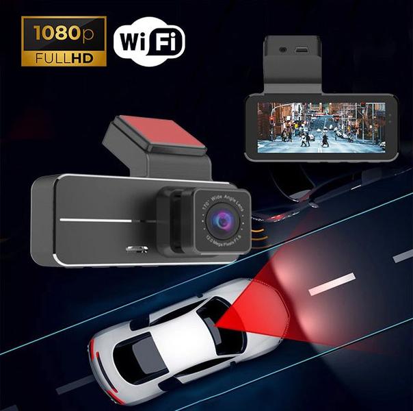 Imagem de Camera Veicular Duo Automotiva Wifi Lente dupla Alta definição Cartao de memoria Visor Gravador Motorista Aplicativo Dash Cam Filmagem Áudio Monitoram