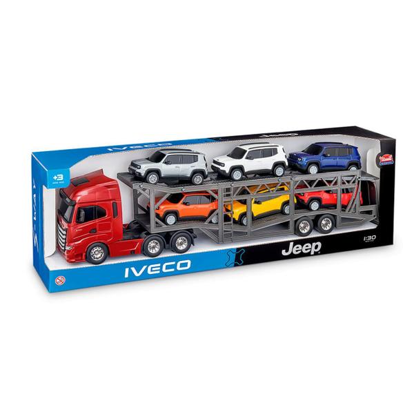 Imagem de Caminhão Cegonha Jeep Iveco S-Way Miniatura Coleção Carrinhos Brinquedo Resistente Infantil Criança