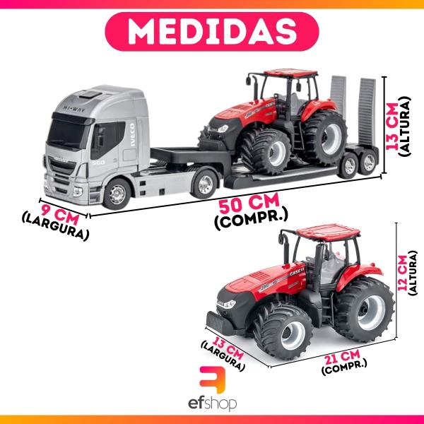 Imagem de Caminhão De Brinquedo Iveco Plataforma Com Trator Case Menino Pneu Emborrachado