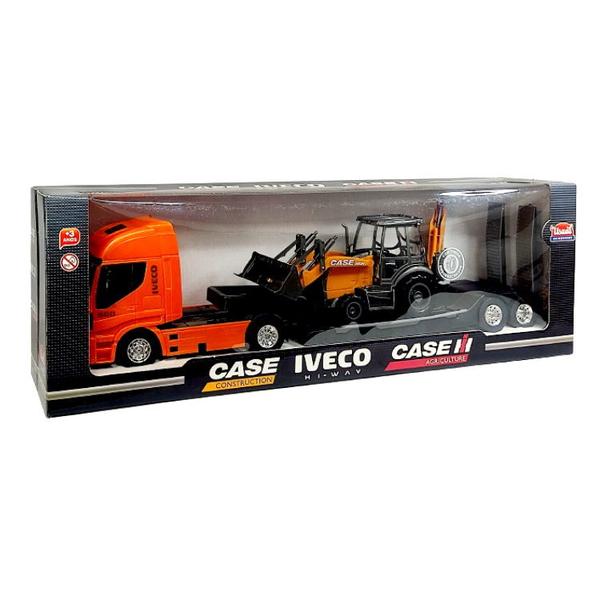 Imagem de Caminhão de brinquedo Iveco Plataforma + Trator Retro Escavadeira