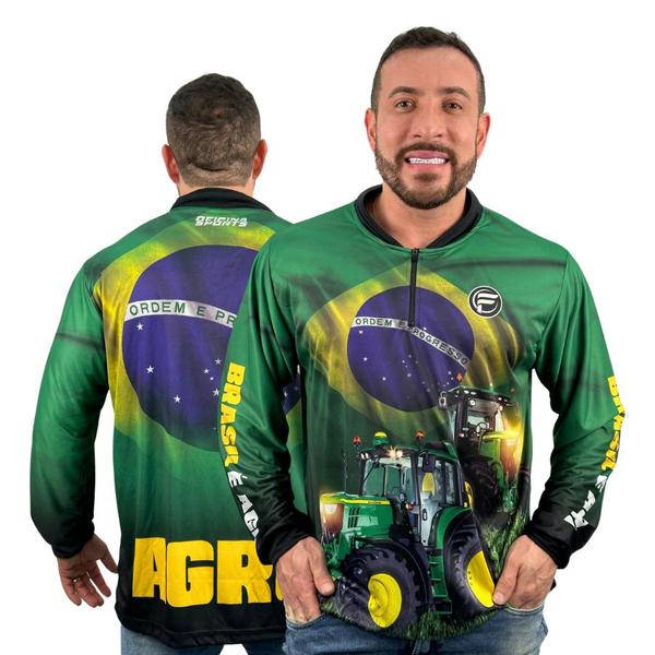 Imagem de Camisa Camiseta Agro Masculina Manga Longa c/ Zíper Bruto Fazenda Trator Dry Fit  Bruto Verde Agropecuária Blusa Com Proteção Solar UV 50+ Brasil