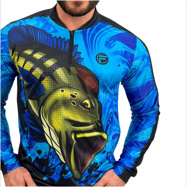 Imagem de Camisa Camiseta de Pesca Masculina Blusa Tucunare com Proteção Solar UV50+ Manga Longa com Zíper