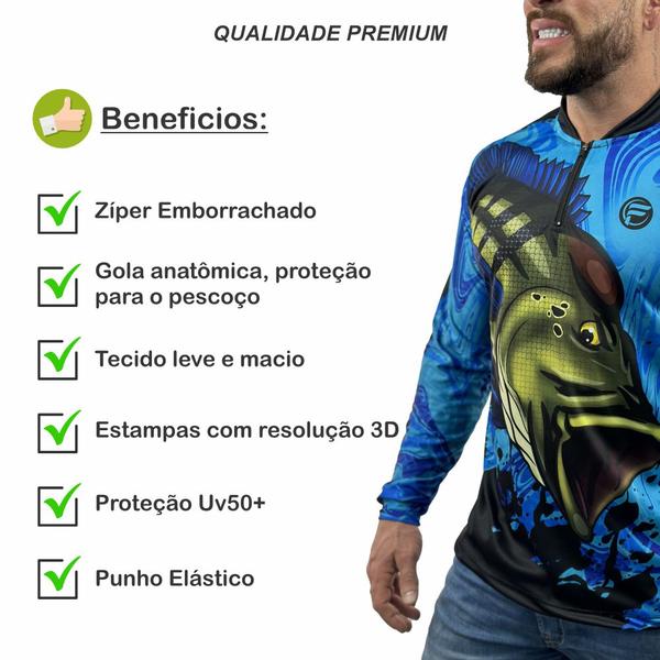 Imagem de Camisa Camiseta de Pesca Masculina Blusa Tucunare com Proteção Solar UV50+ Manga Longa com Zíper