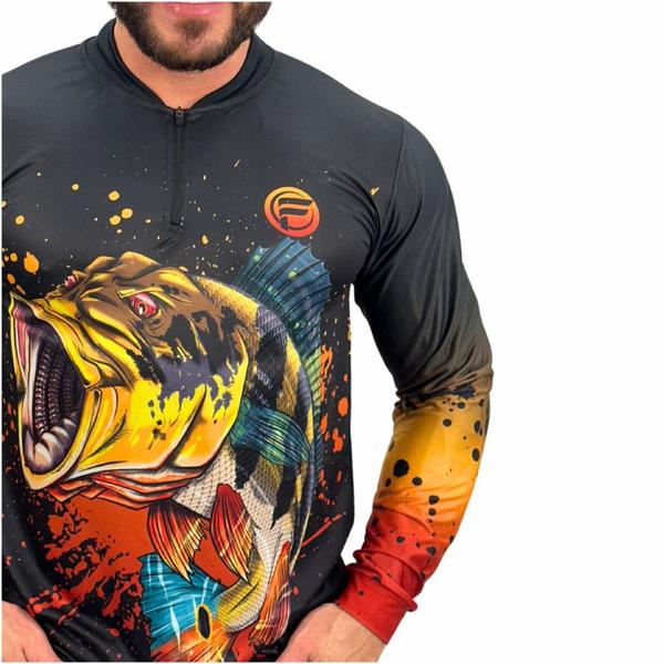 Imagem de Camisa Camiseta de Pesca Masculina Blusa Tucunare com Proteção Solar UV50+ Manga Longa com Zíper