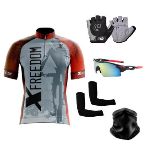 Imagem de Camisa Ciclismo C/ Proteção UV + Luvas Ciclismo + Óculos Esportivo + Manguito + Bandana