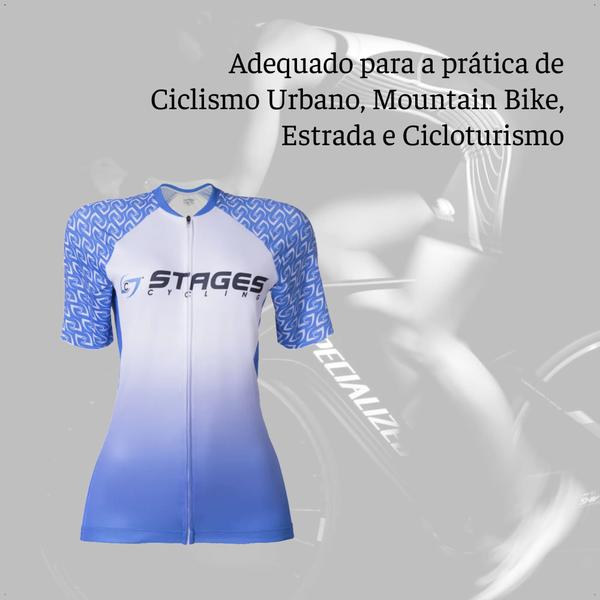 Imagem de Camisa Ciclismo Feminina M Zíper Bolso Traseiro Degrade Branca e Azul Corrida Treino Academia Musculação Atrio VB048