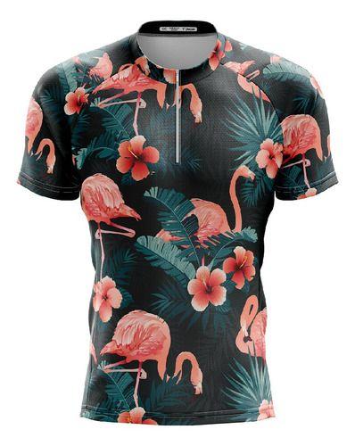 Imagem de Camisa Ciclismo Floral Flamingo Preta Curta Bike Dry Fit Mtb