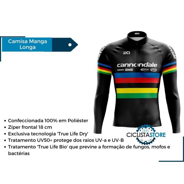 Imagem de Camisa Ciclismo Manga Longa Cannondale UCI Preta Com Bolsos Proteção Solar UV50